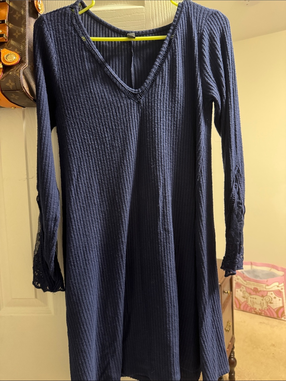 Alya Navy Ribbed V-Neck Long Sleeve Dress with Lace Cuffs